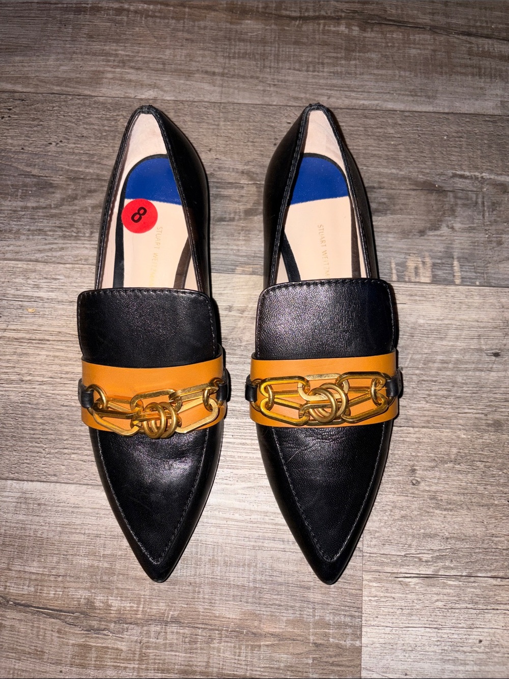Stuart Weitzman Black and Mustard Leather Pointed Loafers